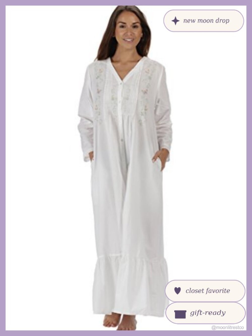 Victorian Nightgown 100% Cotton Long Sleeve Button Down Pockets Ankle Length
